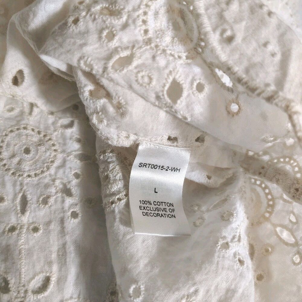 THML Womens Boho Eyelet Tassel Blouse Size L Embroidered Festival Top Cream - Picture 5 of 7